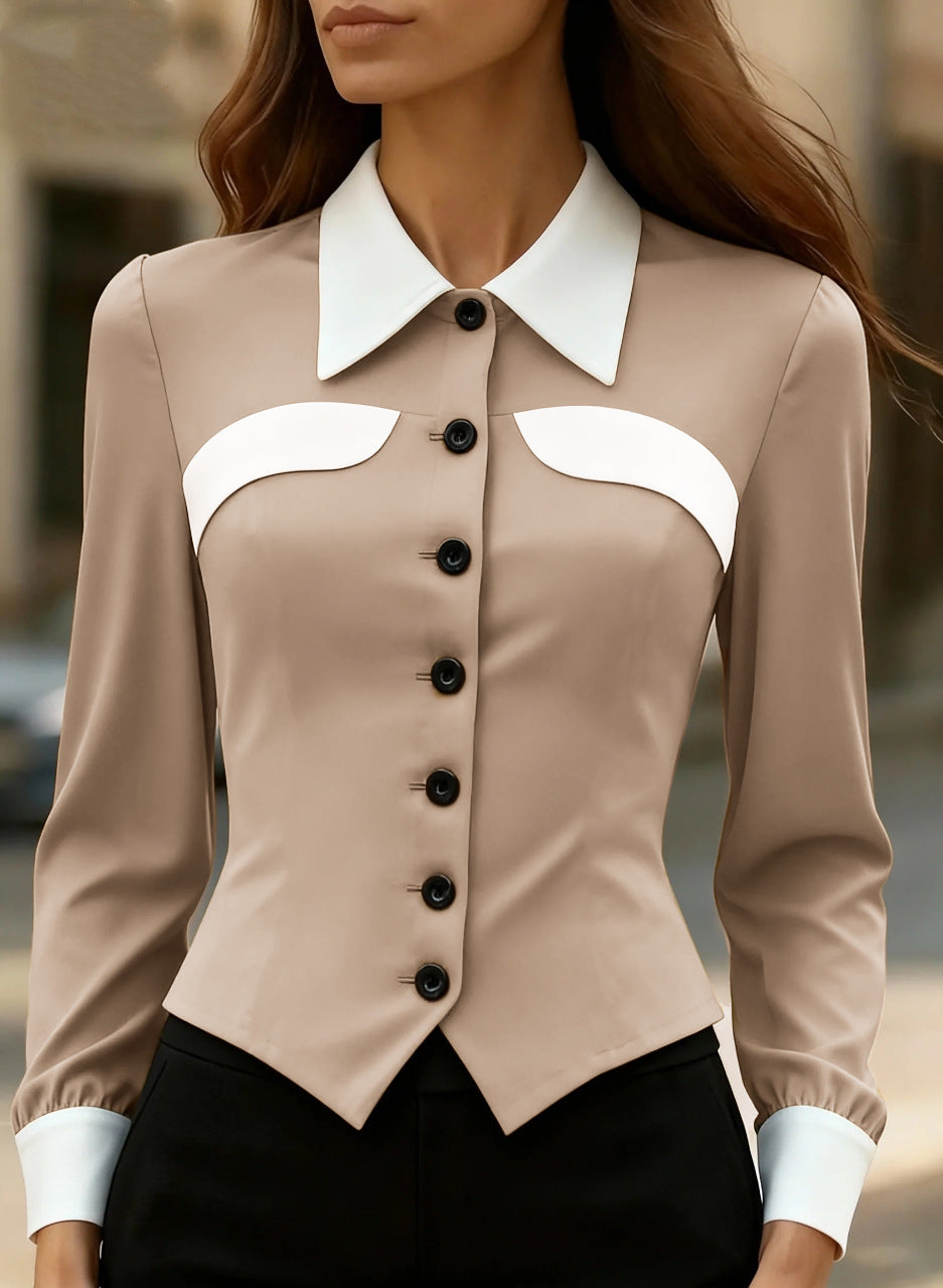 Color-blocked Slim-fit Versatile Long-sleeve Shirt For Women