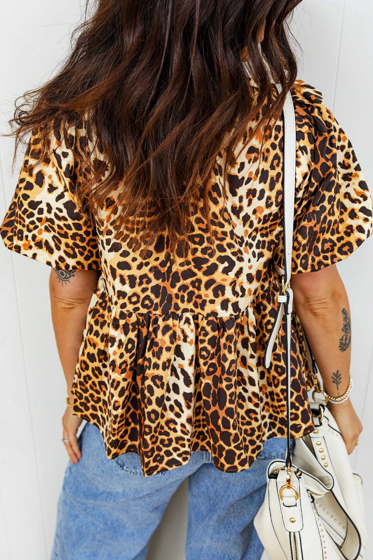 Womens Casual Leopard-print Loose-fit Short-sleeve Top