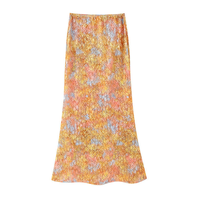Round Neck Lace Print Slim Fit Top And Skirt Suit