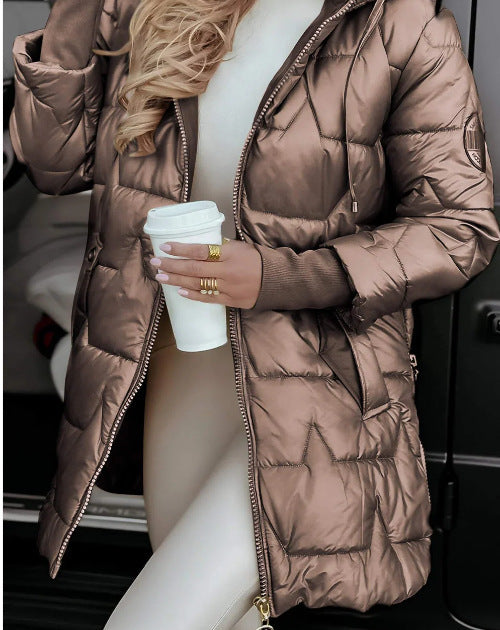 Solid Color Hooded Mid-length Cotton Coat With Three Zippers