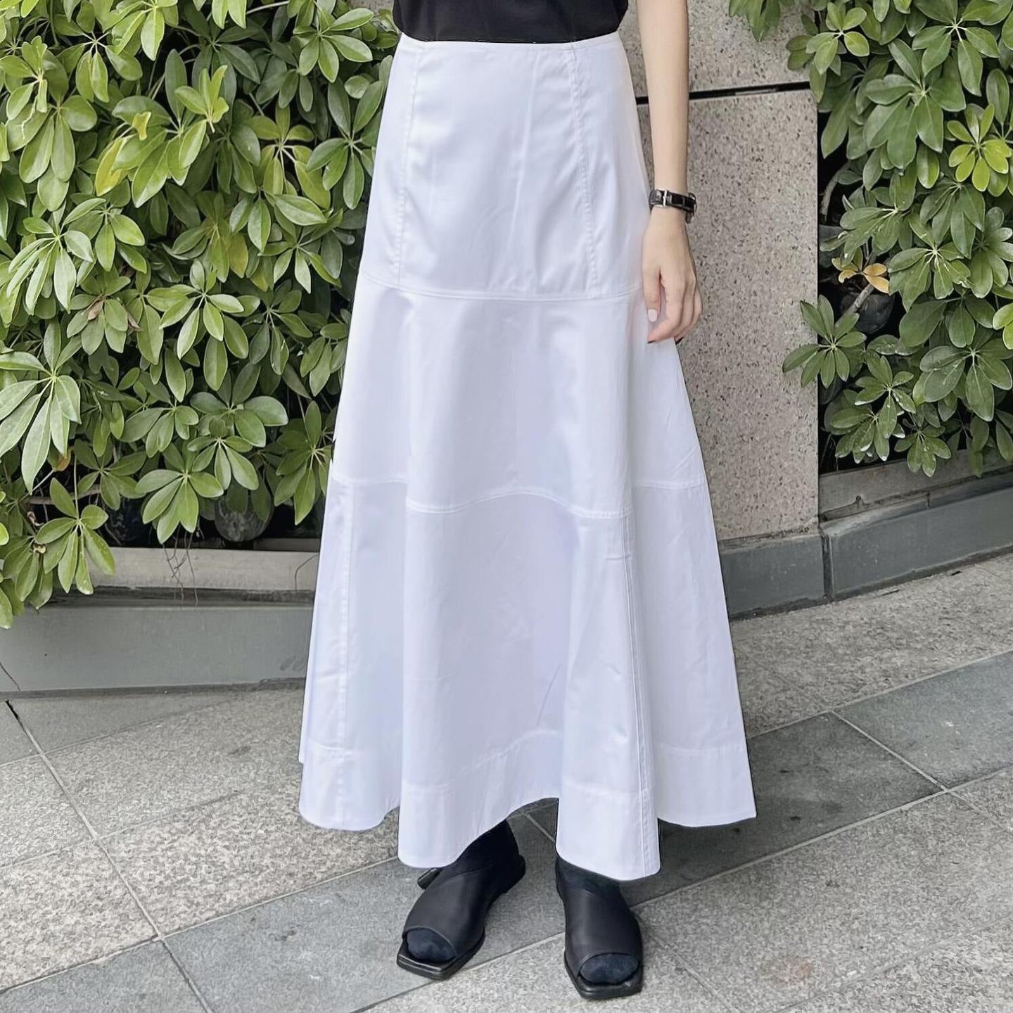 Women's White High Waisted Spliced Cotton Mid Length Skirt