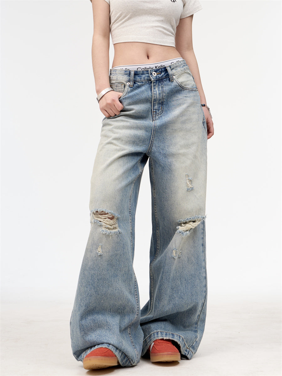 Retro Worn Looking Washed-out Straight Jeans For Men And Women