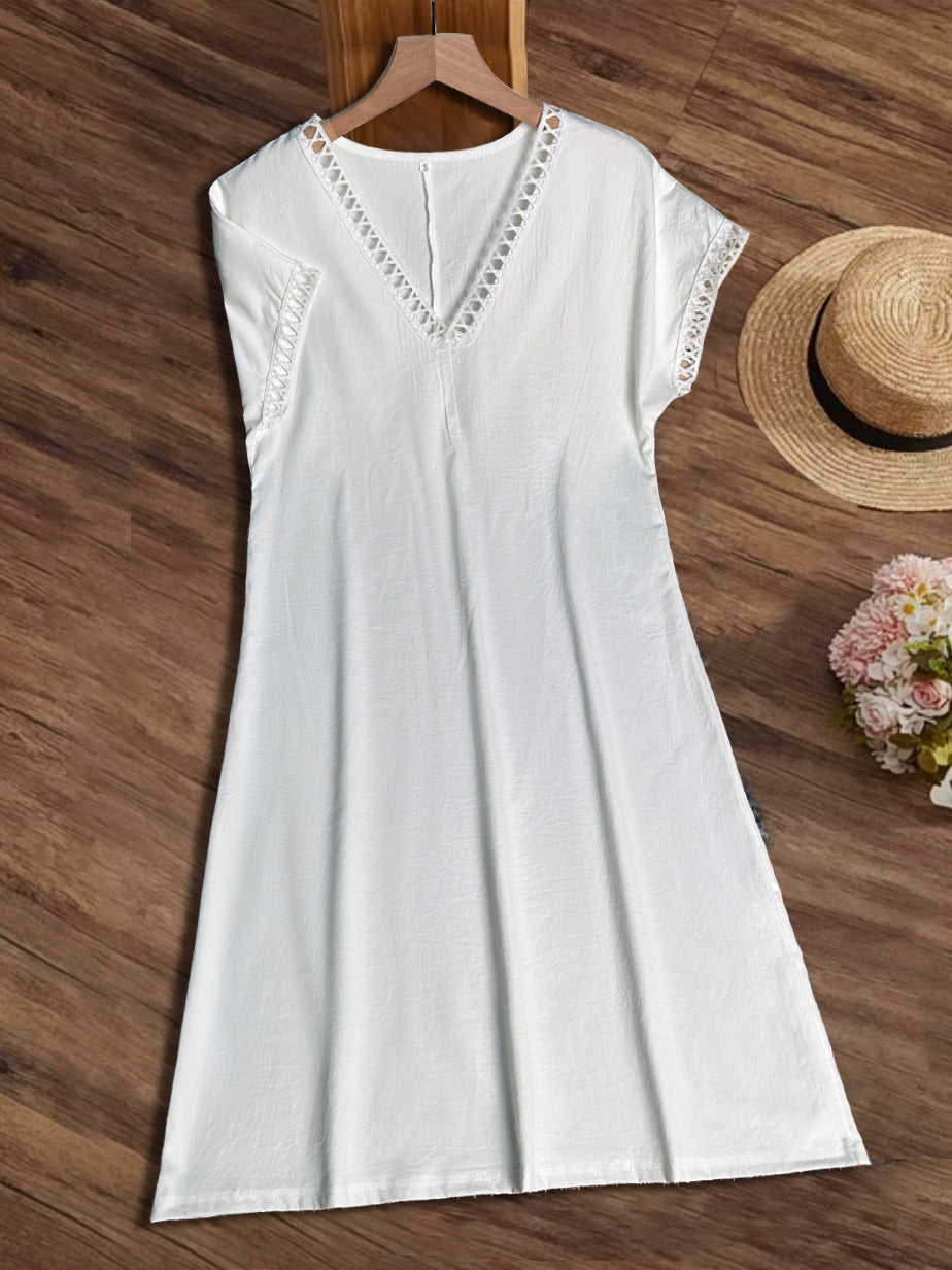 White Lace Ruffled Short Sleeves Hollow Dress