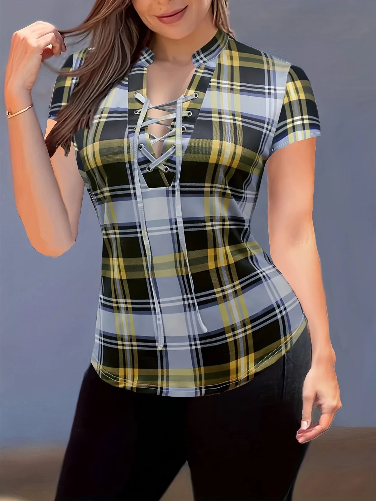 Womens Plaid Printed Stand Collar Chest-Tie Slim-Fit Top