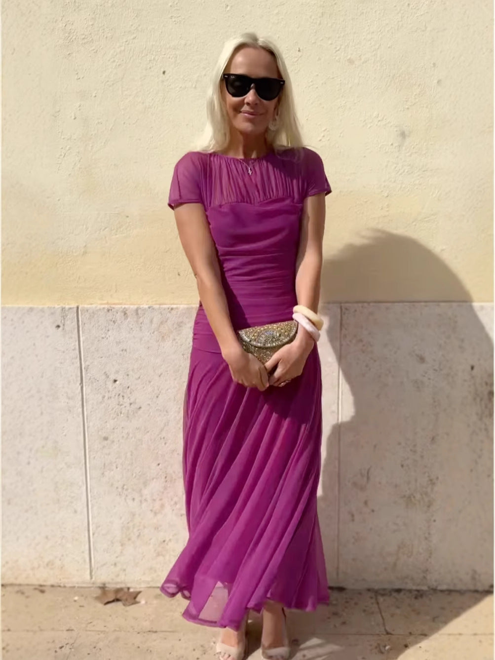 Mesh Round Neck Short Sleeve See-through Large Swing Hip Pleated Dress