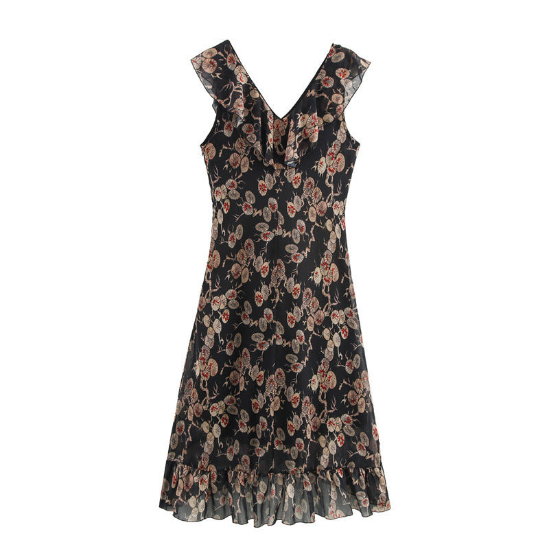 V-neck Chiffon Sleeveless Waist-tight Temperament Elegant Dress Vintage Printed Dress