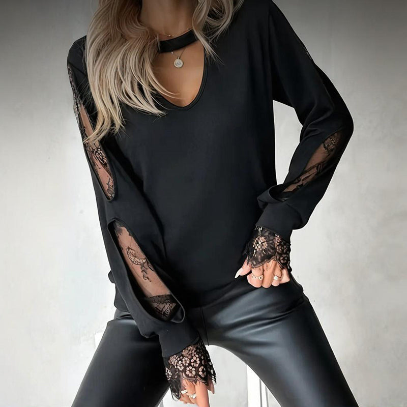 Women's Black Round Neck Lace Hollow Out Long Sleeve Top - Elegant Spring Summer Blouse