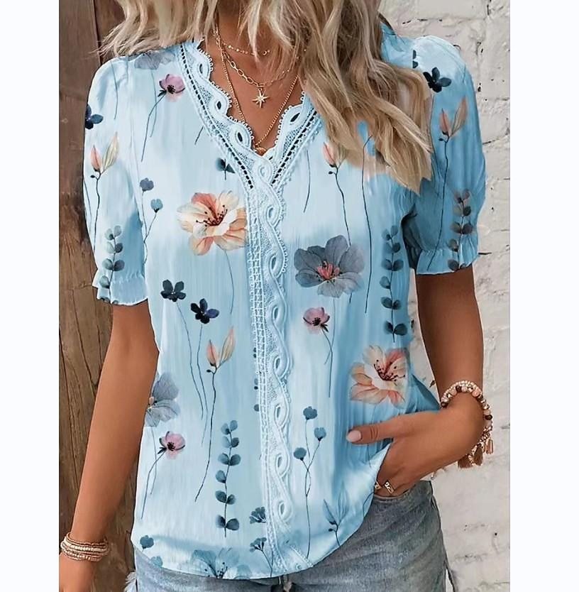 V-neck Holiday Fashion Floral Short Sleeve