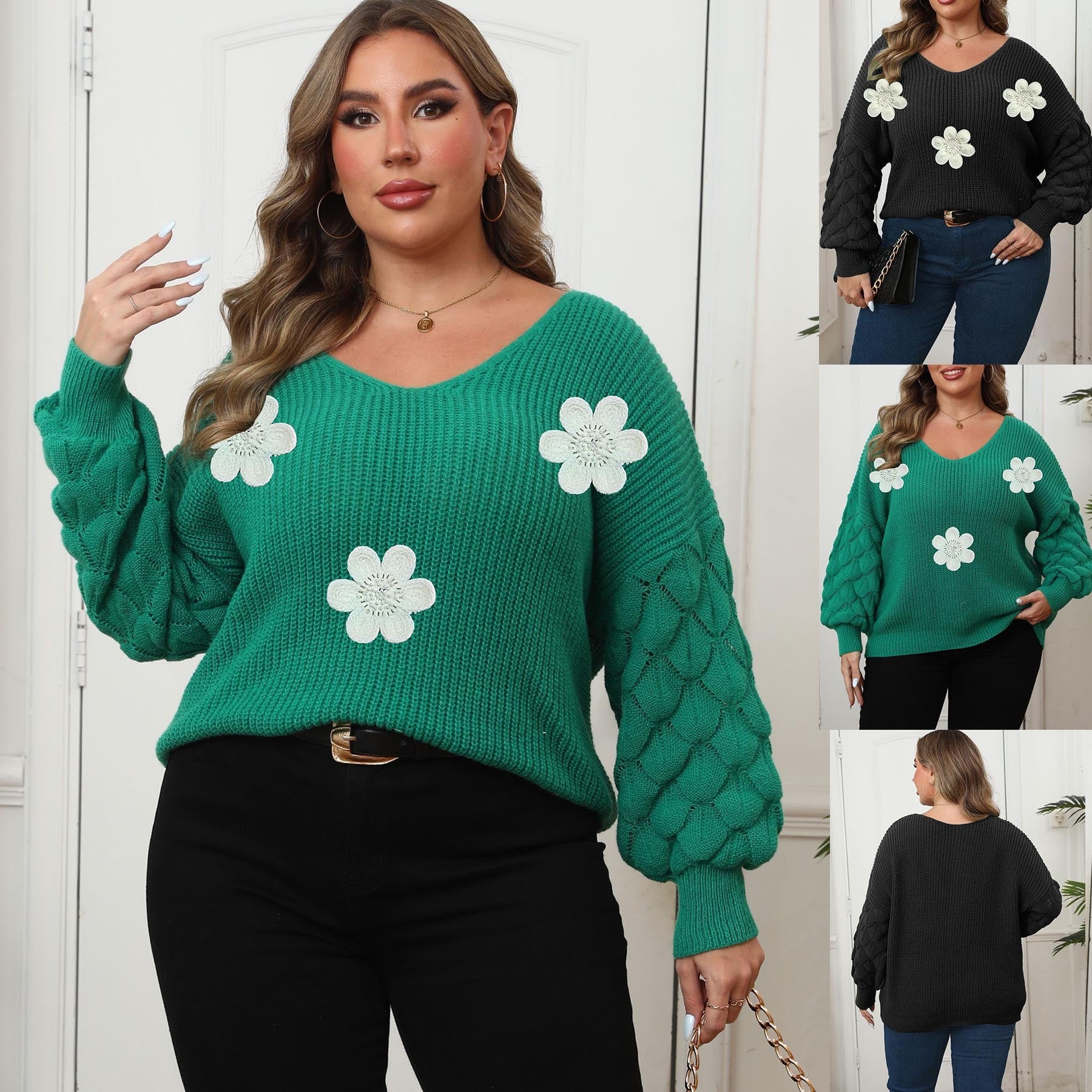 Women's Pineapple Sleeve Three-dimensional Flower Stitching Pearl Embroidered Sweater