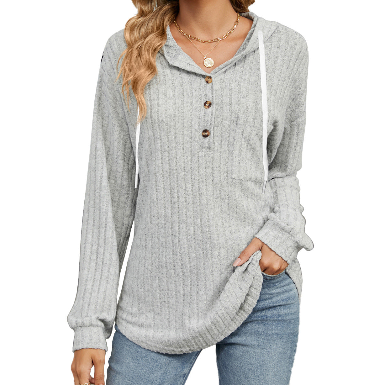 Button Hooded Pocket Loose Long Sleeve Sweatershirt Women