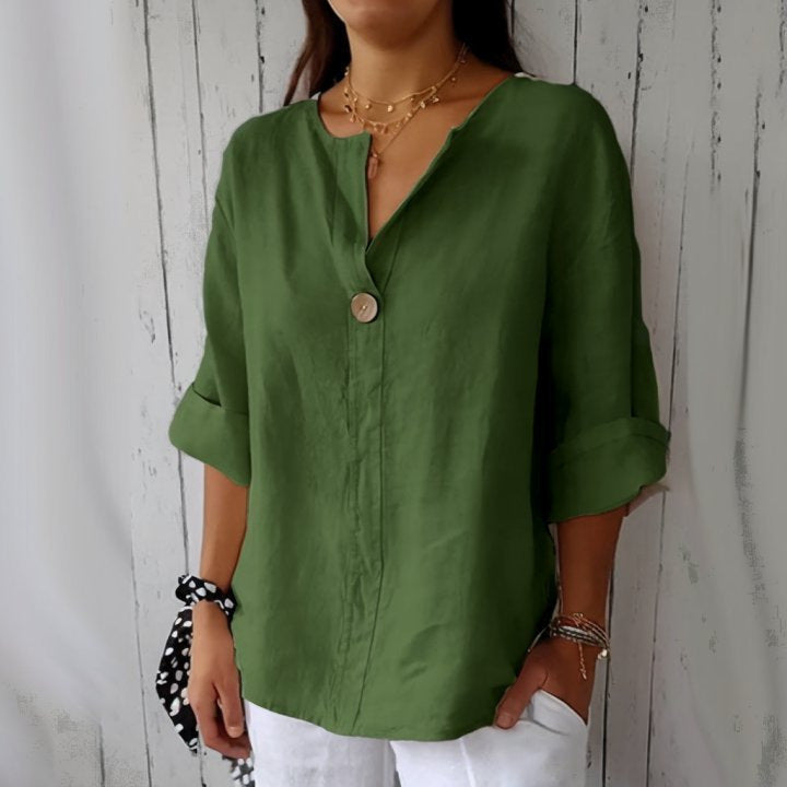 Summer New Loose T-shirt Women's V-neck Solid Color Button Three-quarters Sleeve Top