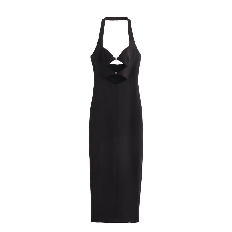 European And American Sexy Buckle Decoration Opening Design Hanging Collar Dress
