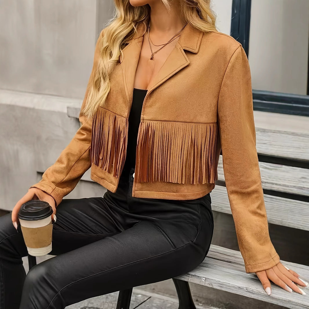 Women's Fashionable Suit Collar Long Sleeved Western Style Short Tassel Jacket