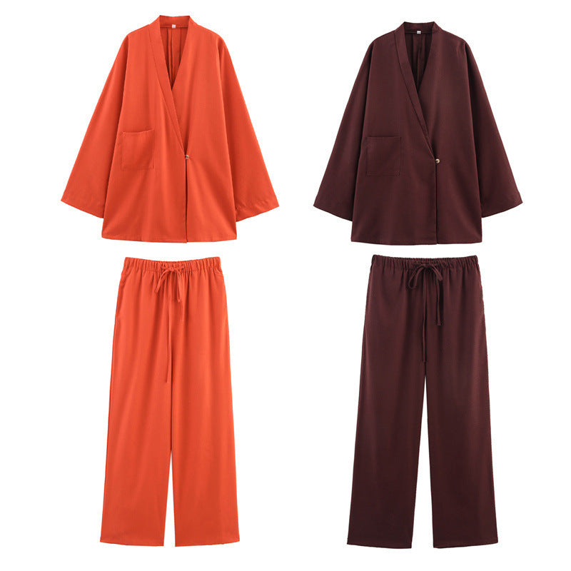 Two-color V-neck Single Button Coat Waist Wide Leg Trousers Two-piece Suit