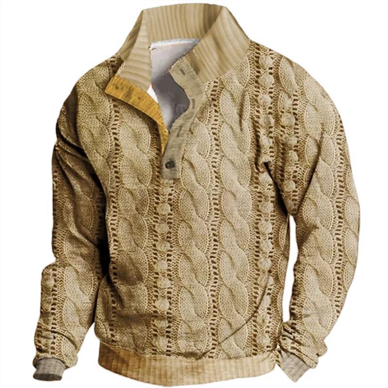 Retro Digital Printing Button Henry Collar Long Sleeve