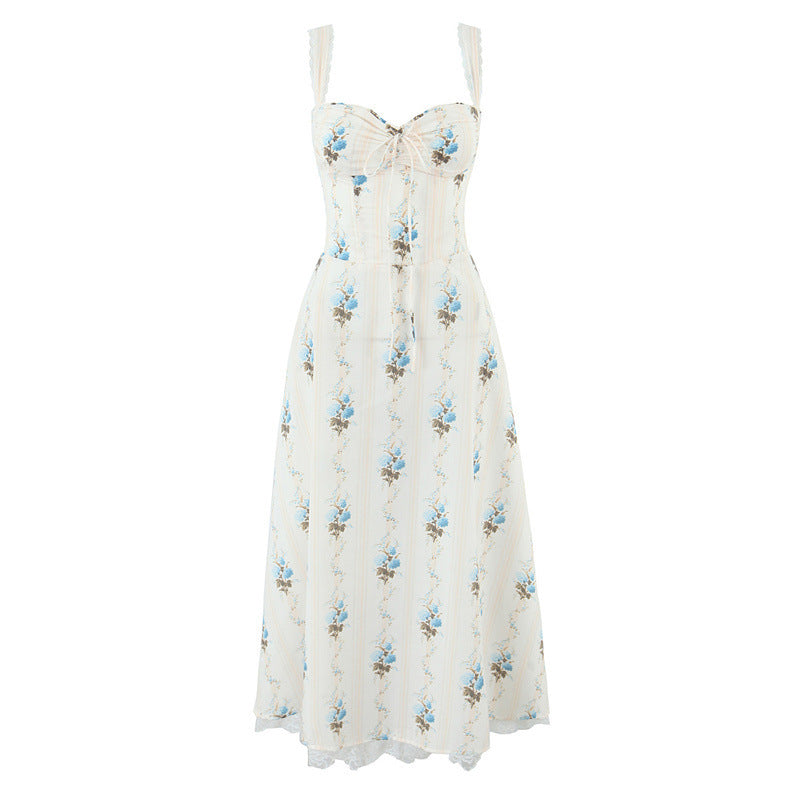 Elegant Cotton Printed Fishbone Waist Trimming Spaghetti Straps Tank Dress