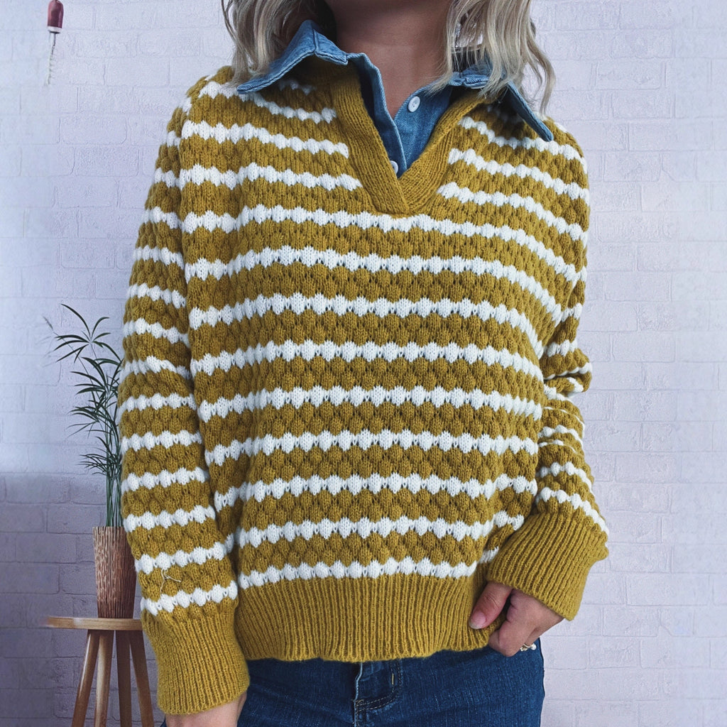 Women's Denim Patchwork Lapel Knitted Stripe Color Block Fake Two-piece Sweater