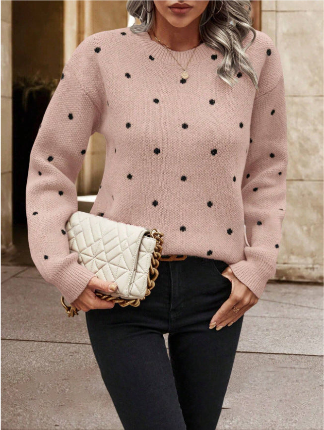 Fashion Round Neck Long Sleeve Pullover Sweater Polka Dot Print Knitwear