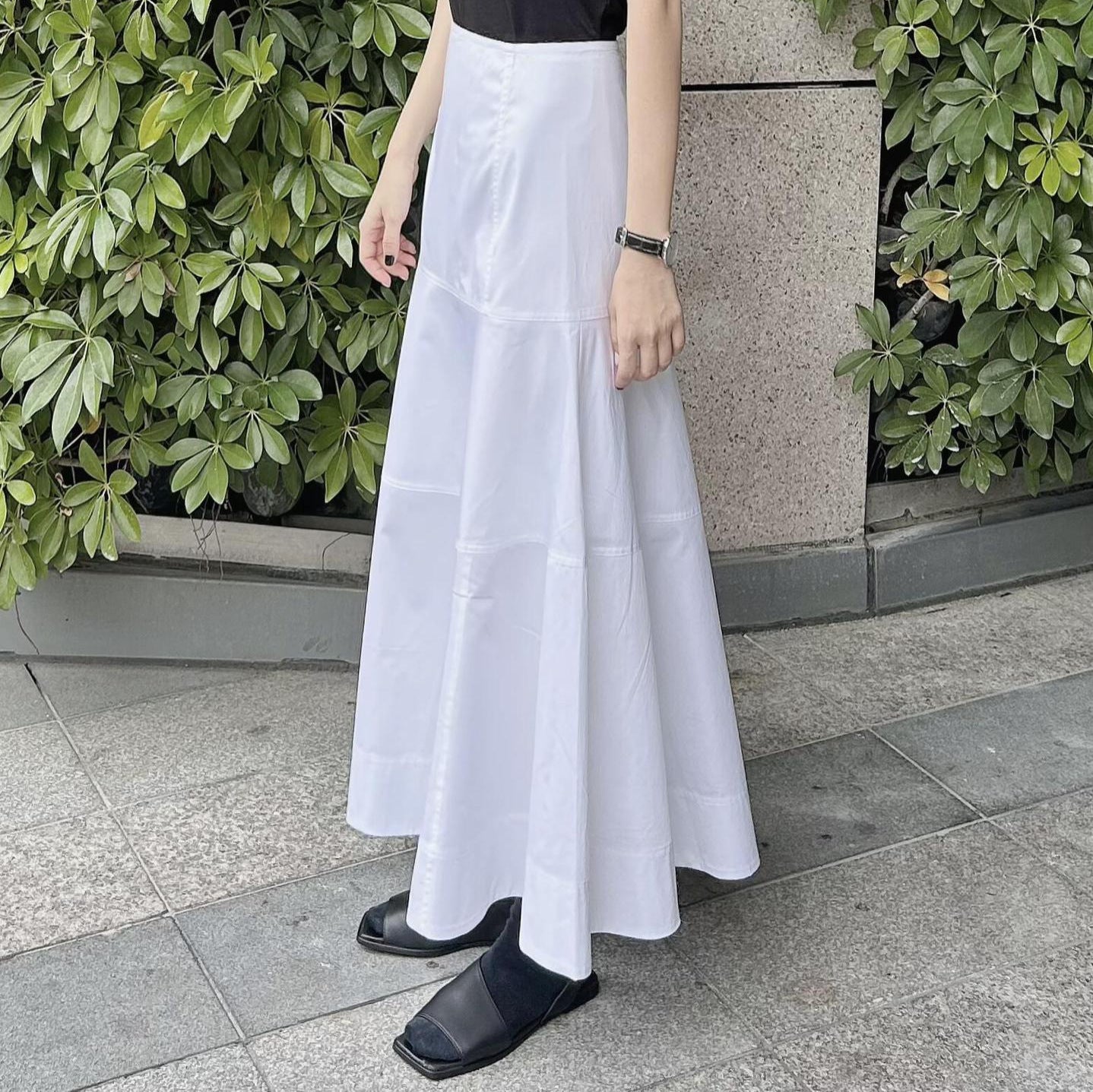 Women's White High Waisted Spliced Cotton Mid Length Skirt