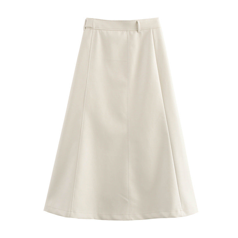High Waist Pure Color With Belt A- Line Faux Leather Midi Skirt Skirt