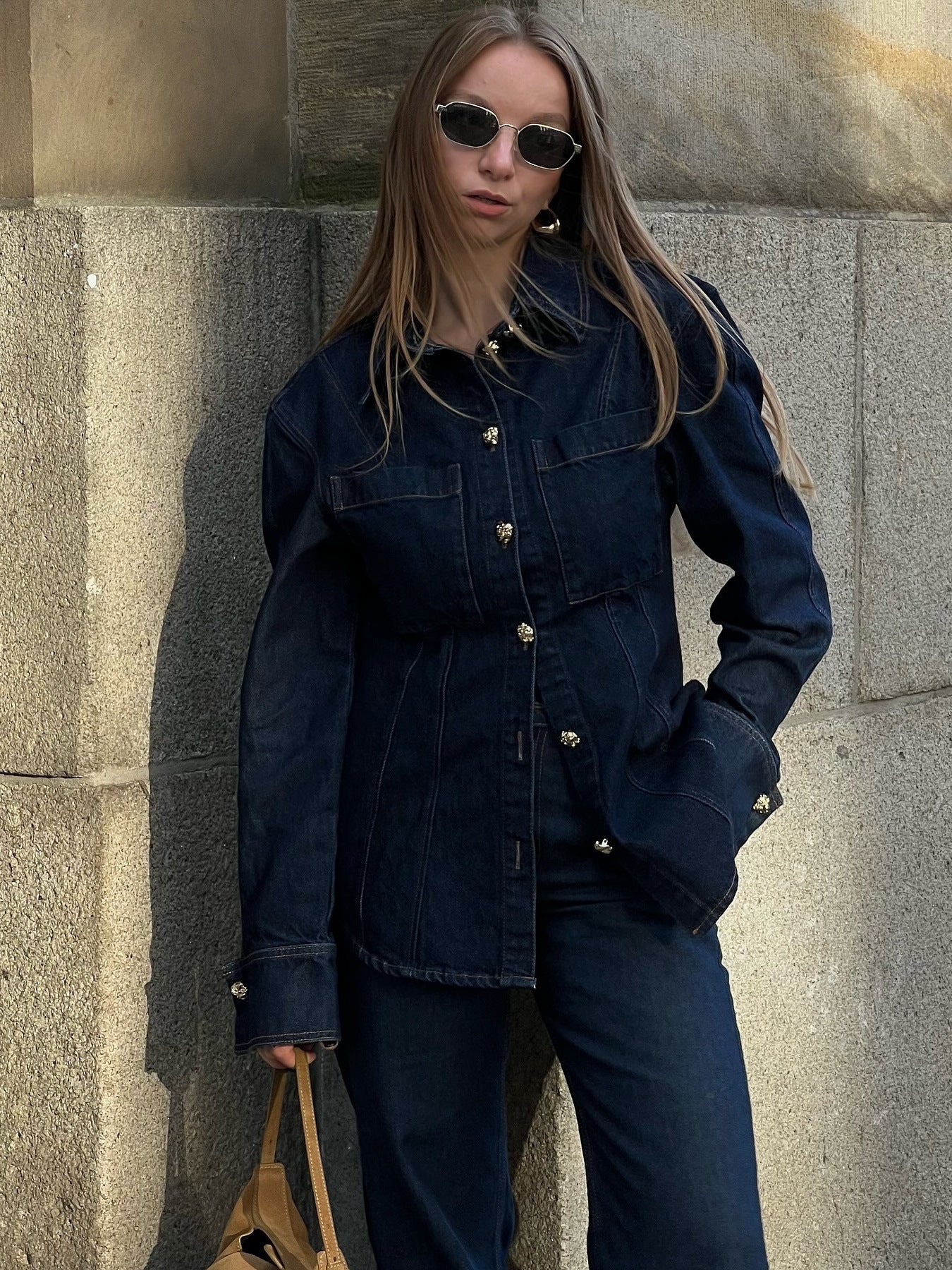 Simple Trendy Solid Color Single-breasted Denim Coat Trousers Suit