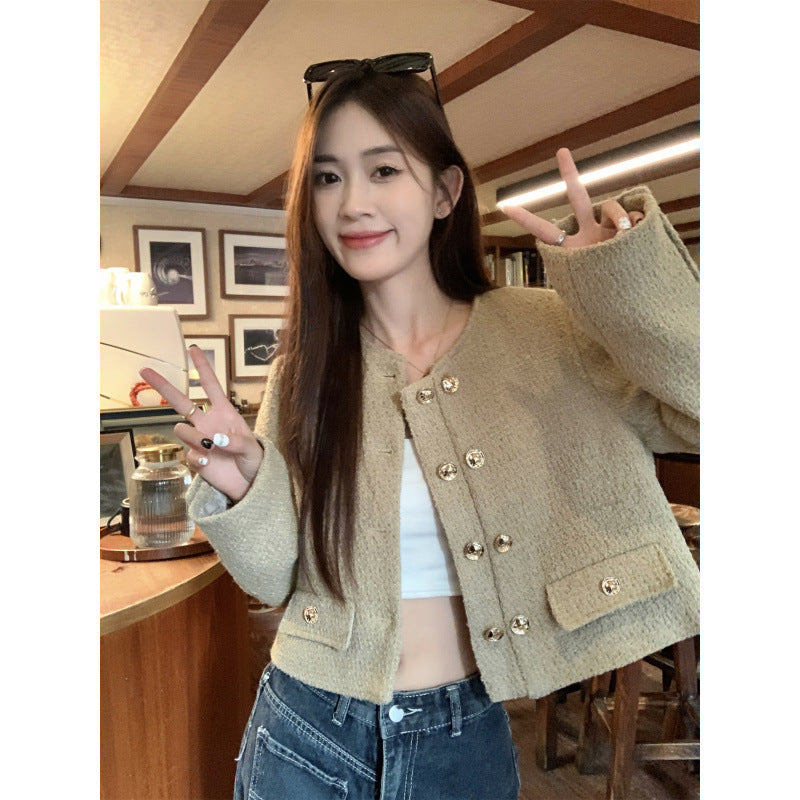 Apricot Round Neck All-matching Fashion French Style Short Coat