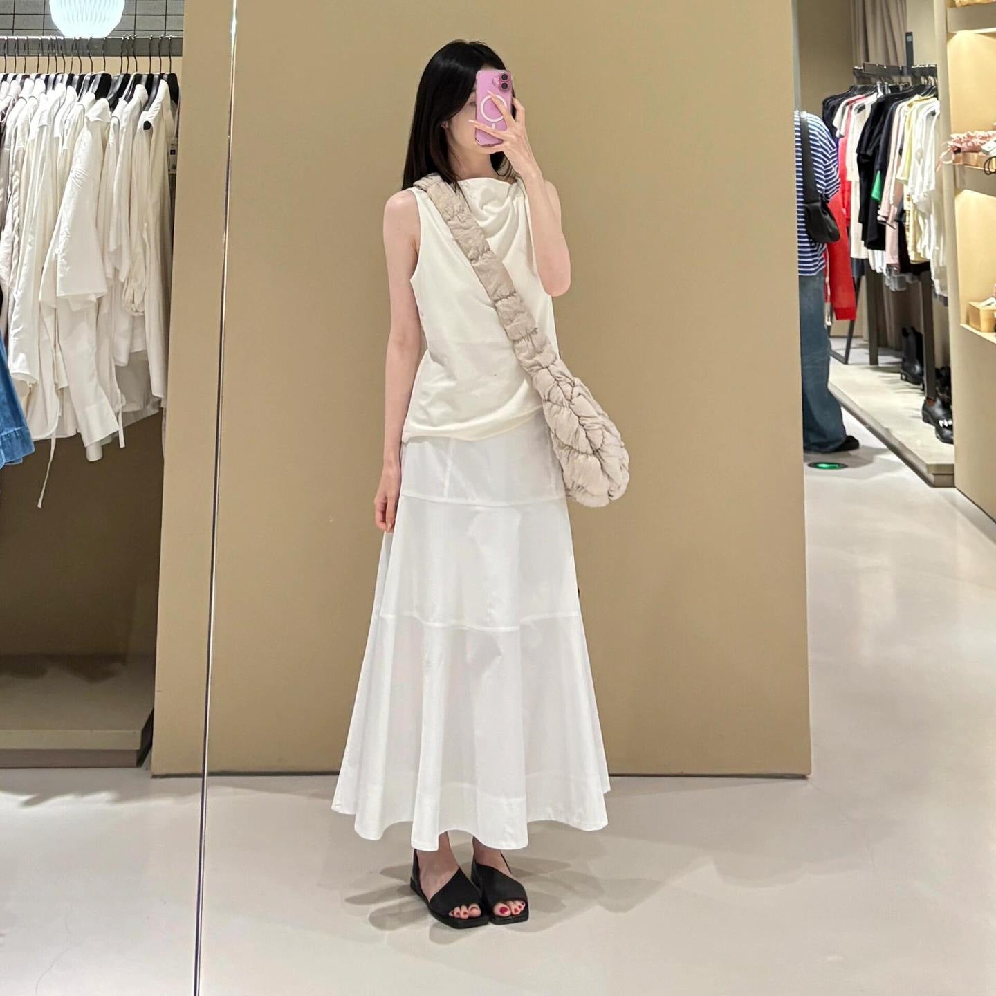 Women's White High Waisted Spliced Cotton Mid Length Skirt