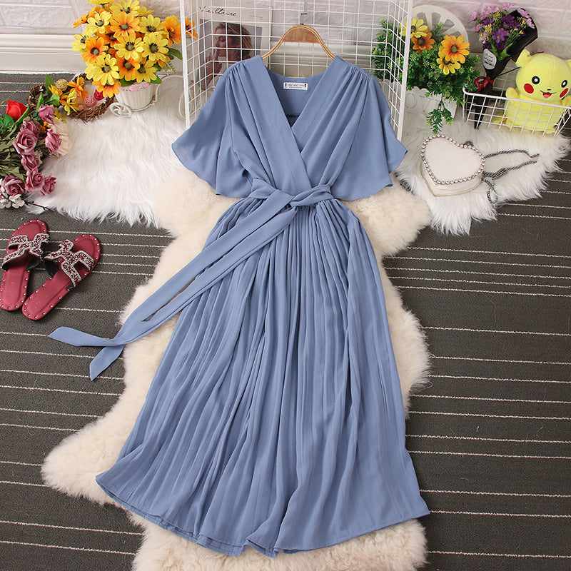 Below The Knee Slim Fit Temperament Waist-controlled Women's V-neck Short Sleeve Dress