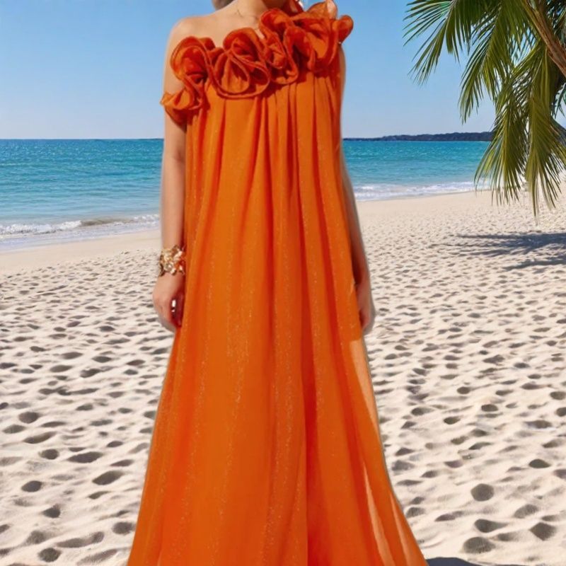 Women's Three-dimensional Flower Pleated Strapless Sloping Shoulder Backless Dress