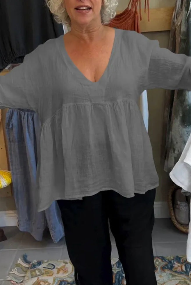Women's Cotton And Linen Deep V-neck Solid Color Loose Top