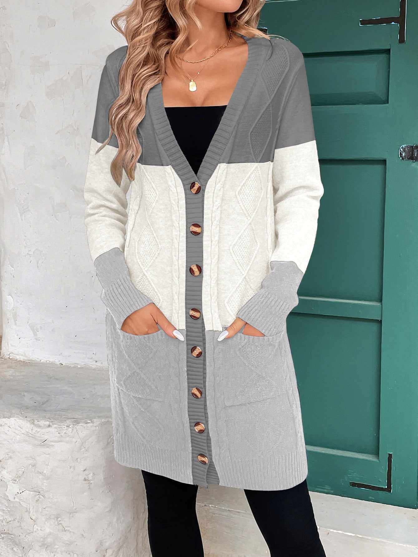 Thread Contrast Color Mid-length Simple Style V-neck Coat
