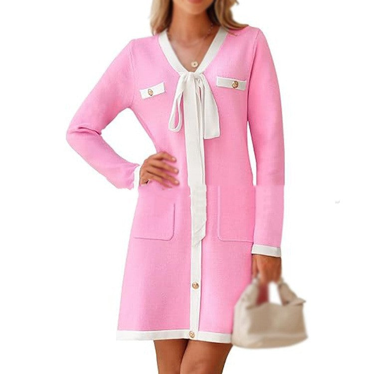 Knitted Lace-up Long Sleeve Dress Women