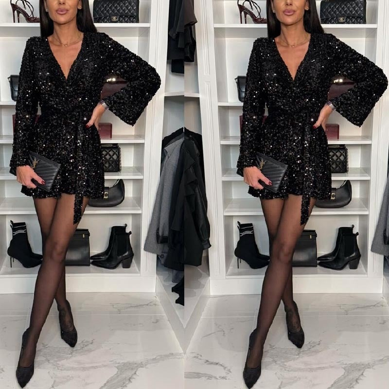 Autumn And Winter Large V-neck Velvet Sequined Nightclub One-piece Shorts For Women
