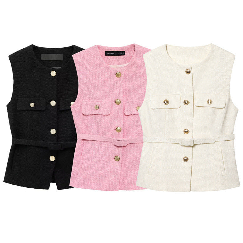 Metal Clasp With Belt Punk Texture Crew Neck Vest