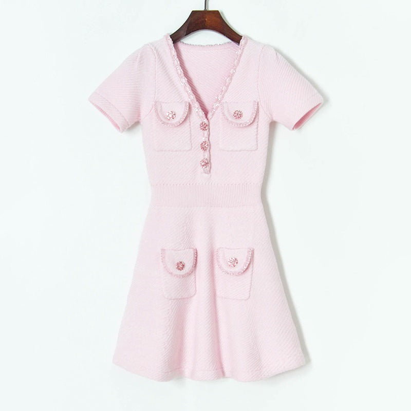 Sequined V-neck Nipped-waist Pocket Short Sleeve Knitted Dress