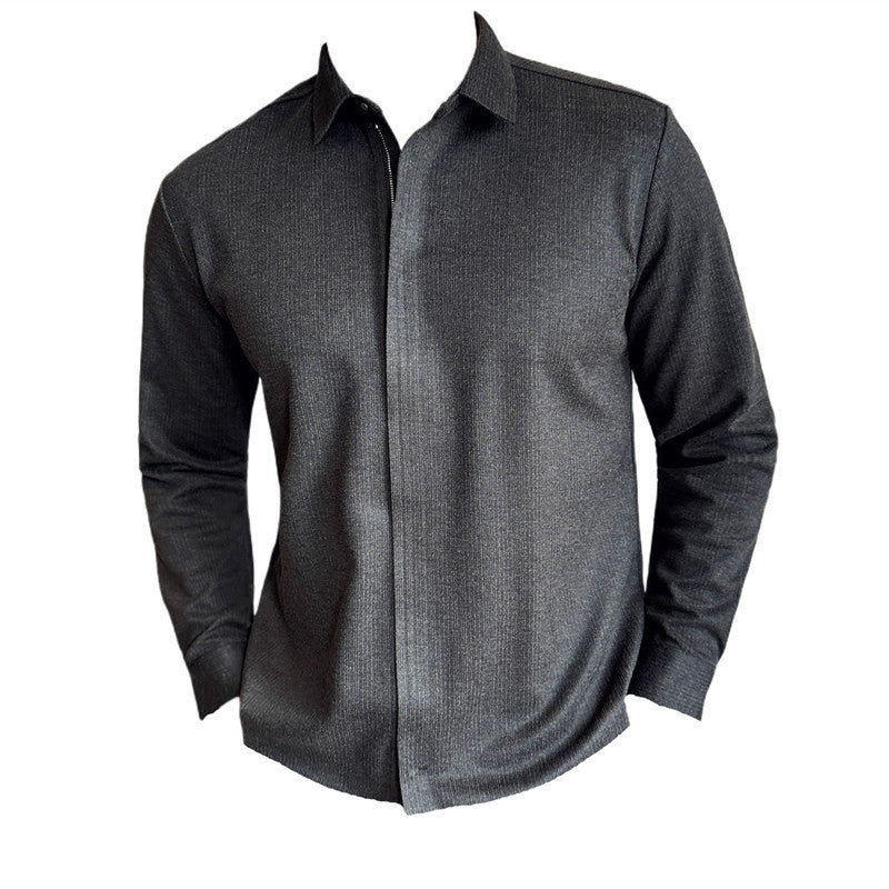 Zipper Design Seamless Elastic Slim Fit Striped Long Sleeve Shirt