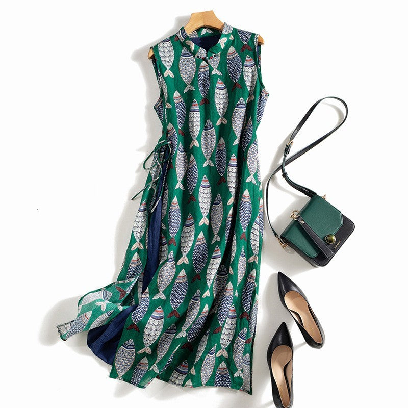 Chinese Improved Cheongsam Cotton Linen Robe Sleeveless Ramie Dress