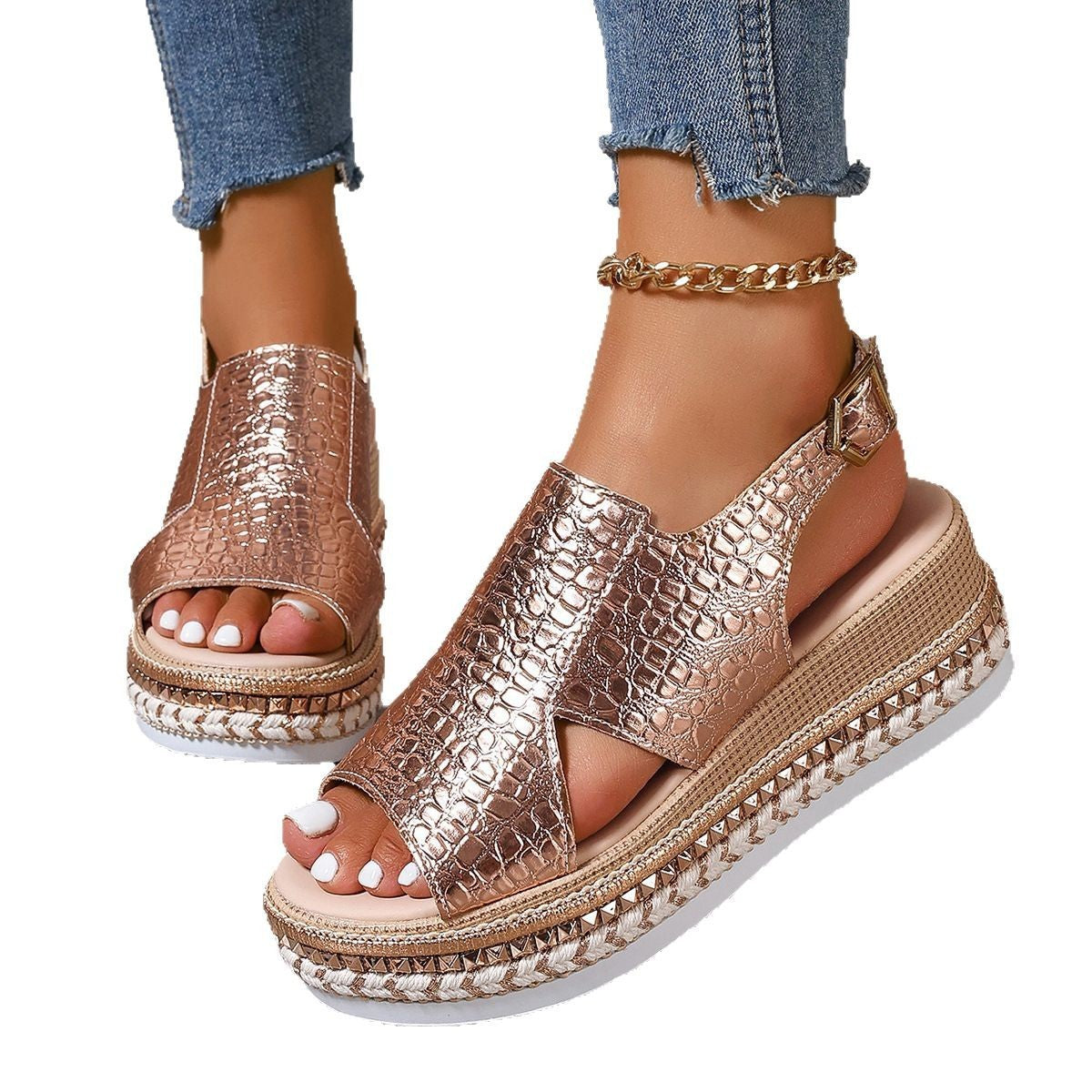 Round Toe Hollow-out Buckle Muffin Roman Shoes