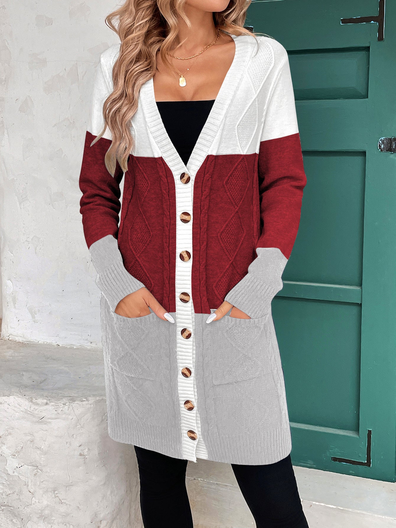 Thread Contrast Color Mid-length Simple Style V-neck Coat