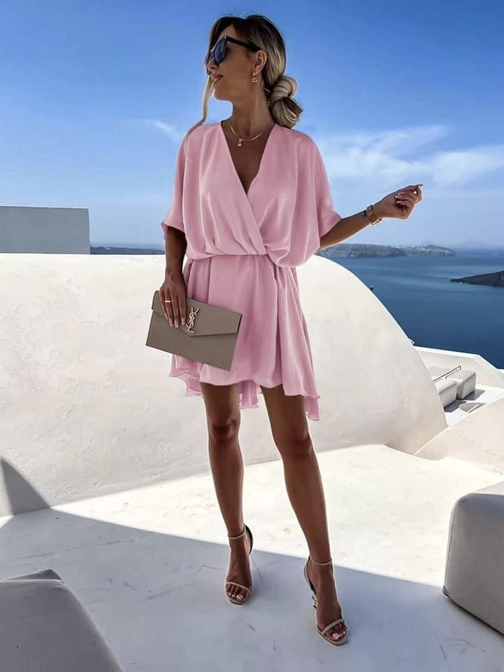 Waist V-neck Best Selling Women's Clothes Solid Color Dress