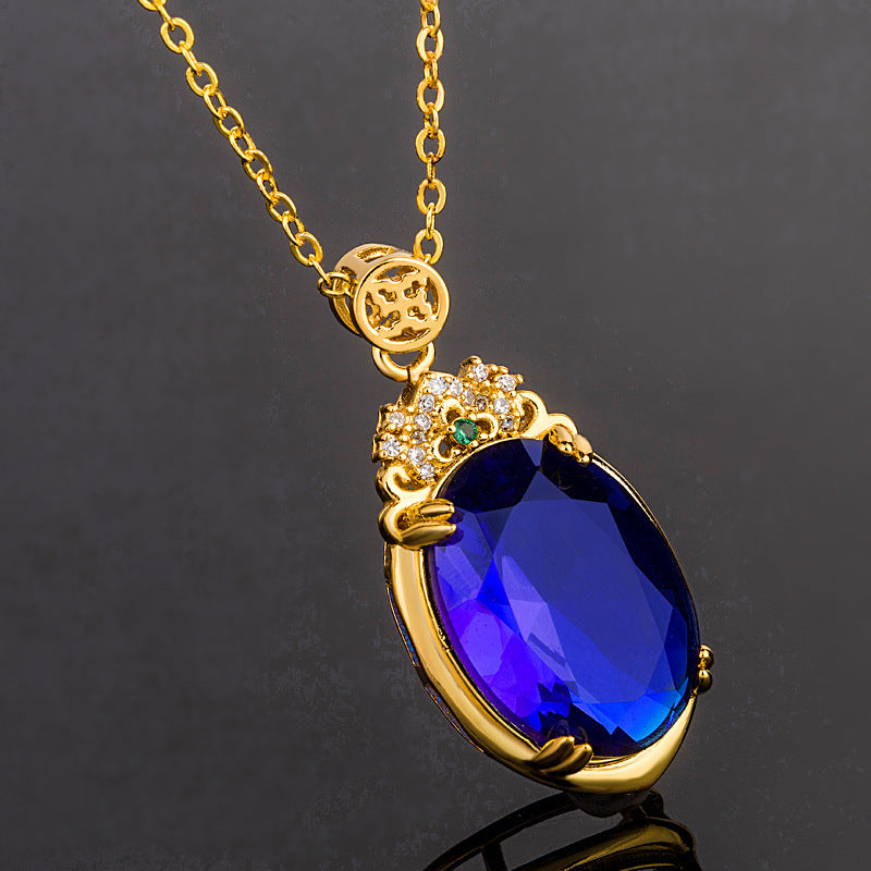 Korean Style Hot Sale Big Stone Brazil Topaz Sapphire Pendant 18K Gold Plating With Diamond Inlaid Luxury Atmosphere