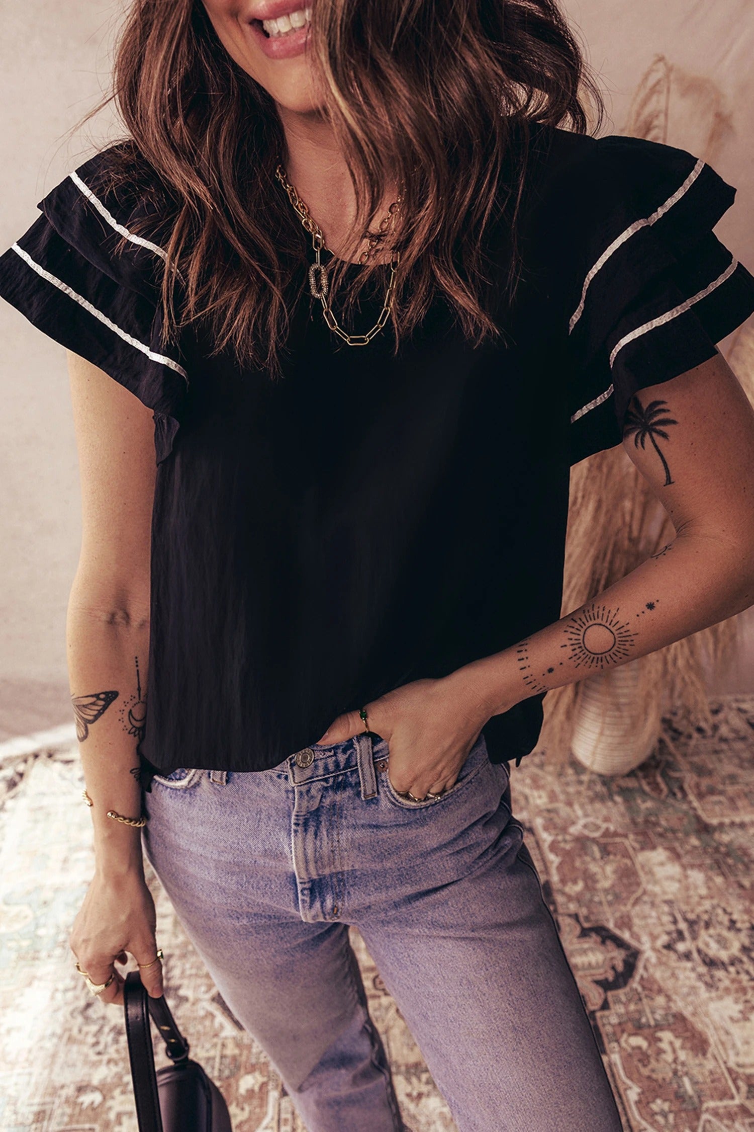 Black Contrast Trim Dual Ruffle Short Sleeve Textured Blouse