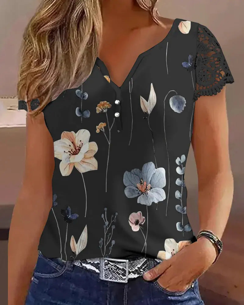 Womens Printed Short-Sleeve Patchwork Lace T-Shirt
