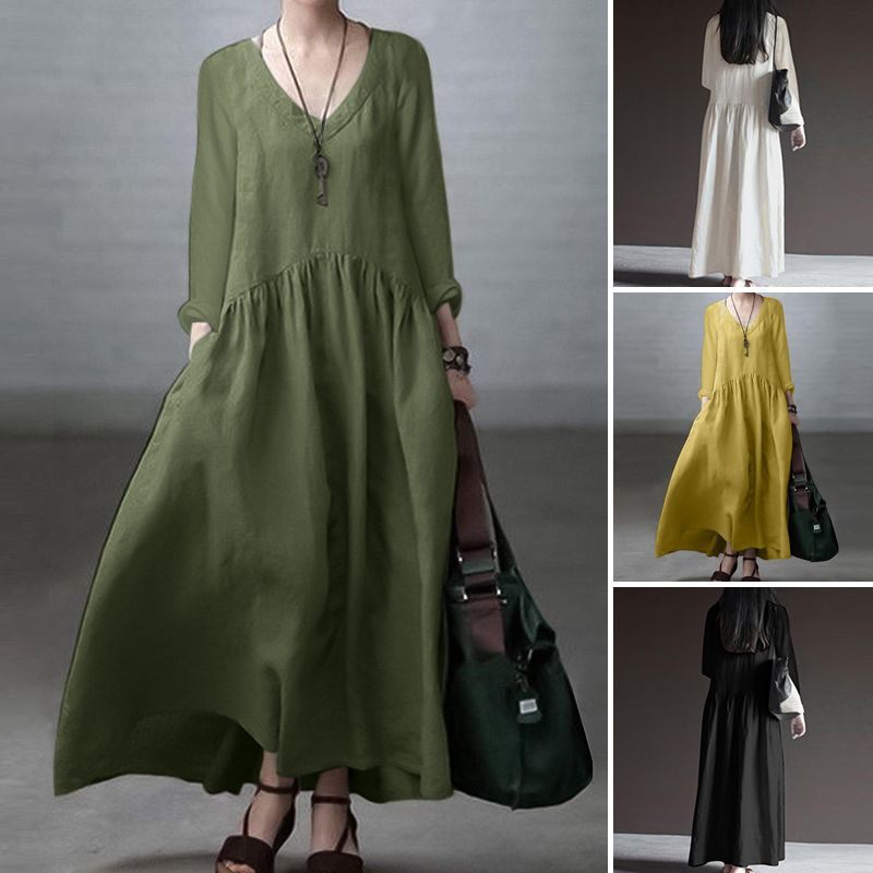 Fashion Long Sleeve V-neck Women's Casual Solid Color Loose Long Dress