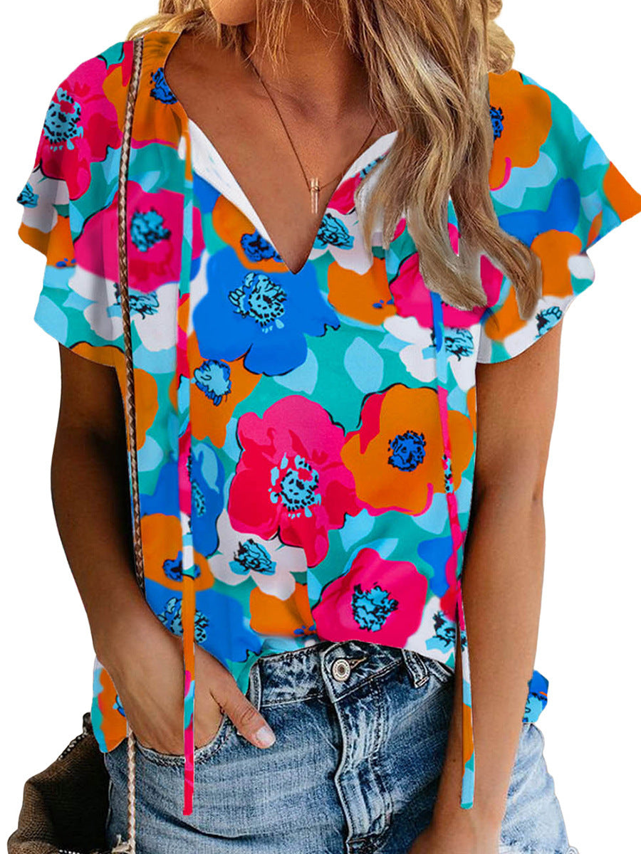 Floral Print Drawstring V-neck Short Sleeve