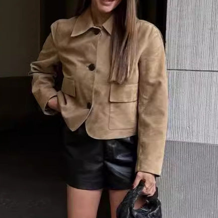 Women's Long-sleeved Turn-down Collar Coat Single-breasted Pocket Jacket