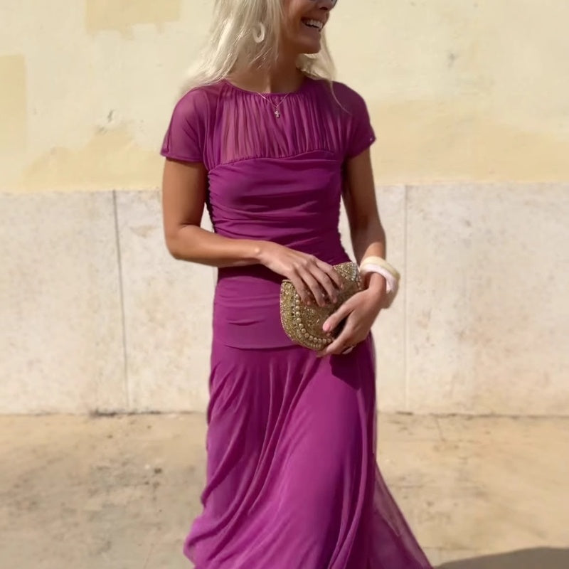 Mesh Round Neck Short Sleeve See-through Large Swing Hip Pleated Dress