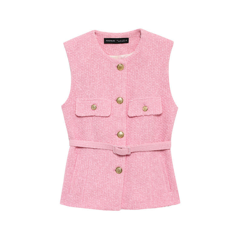 Metal Clasp With Belt Punk Texture Crew Neck Vest
