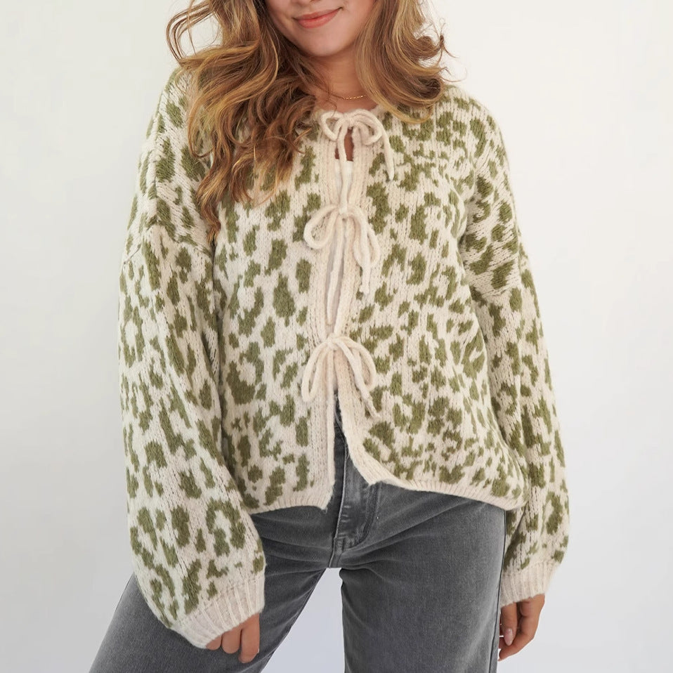 Round Neck Tied Leopard Print Knitted Cardigan Sweater