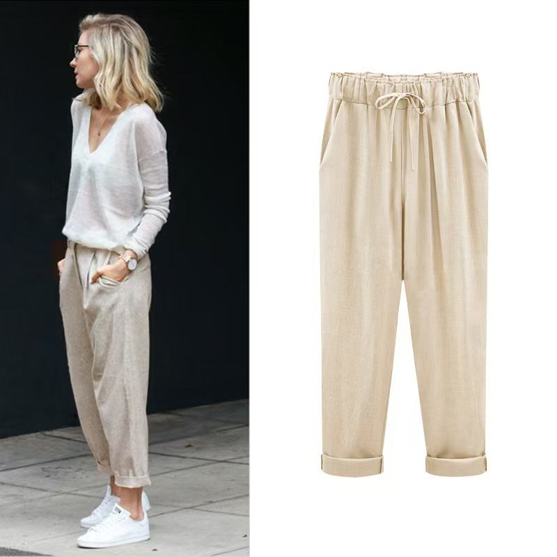 Spring And Summer Plus Size Cotton And Linen Pants, Women's Cropped Pants Loose And Thin